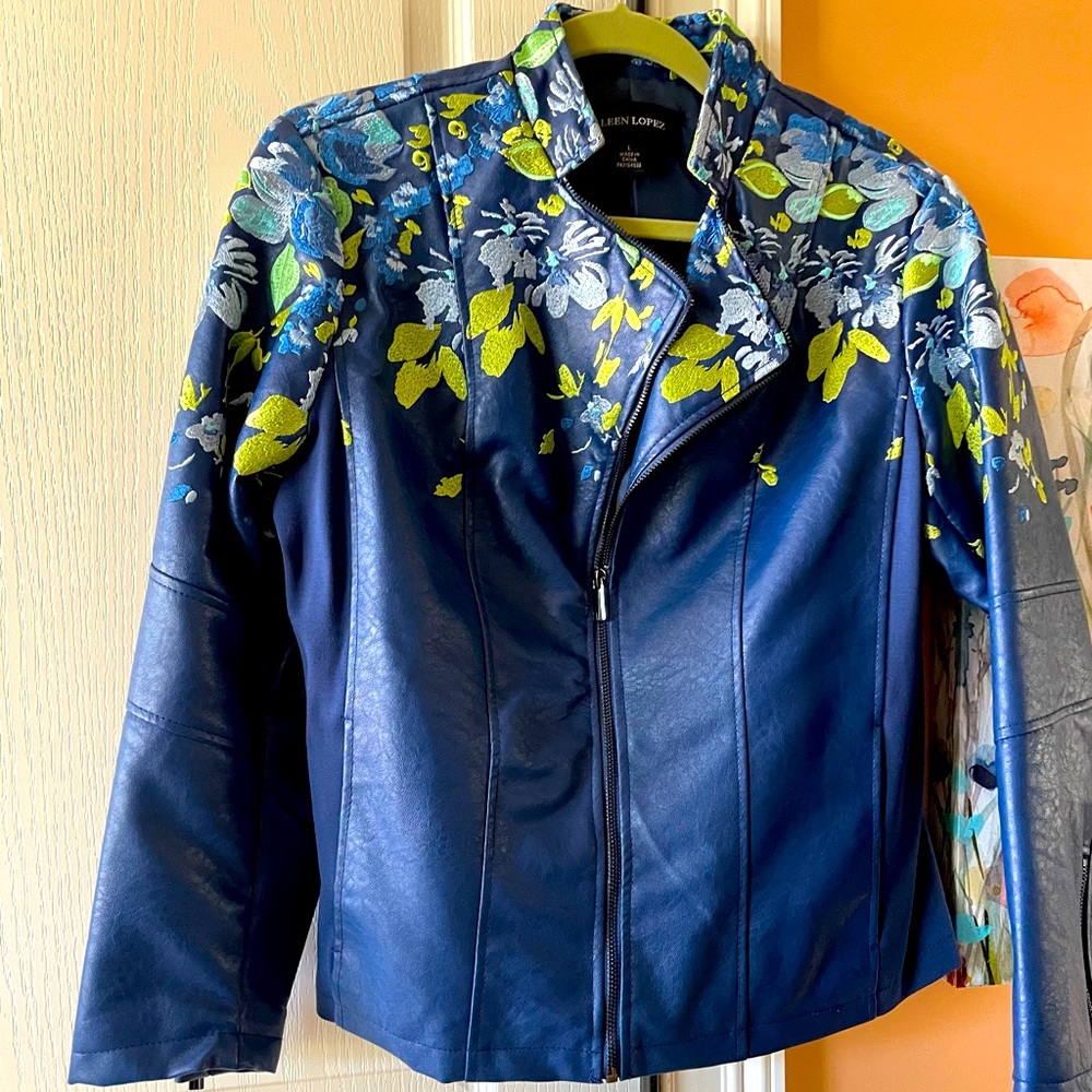 Richly embroidered vegan leather moto jacket, large, great for Spring